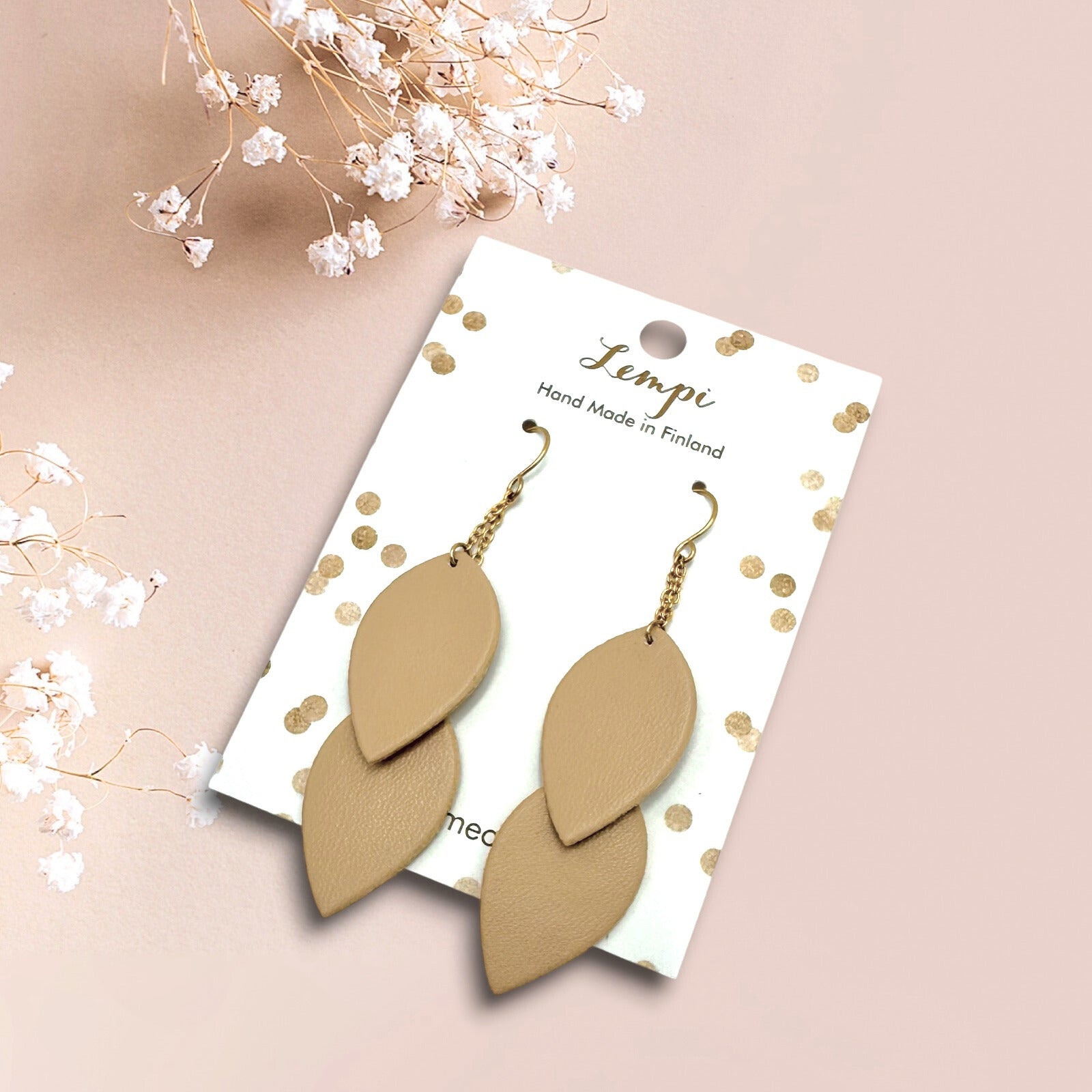 LEMPI earrings, Delicate Leaves (mustard yellow / steel)