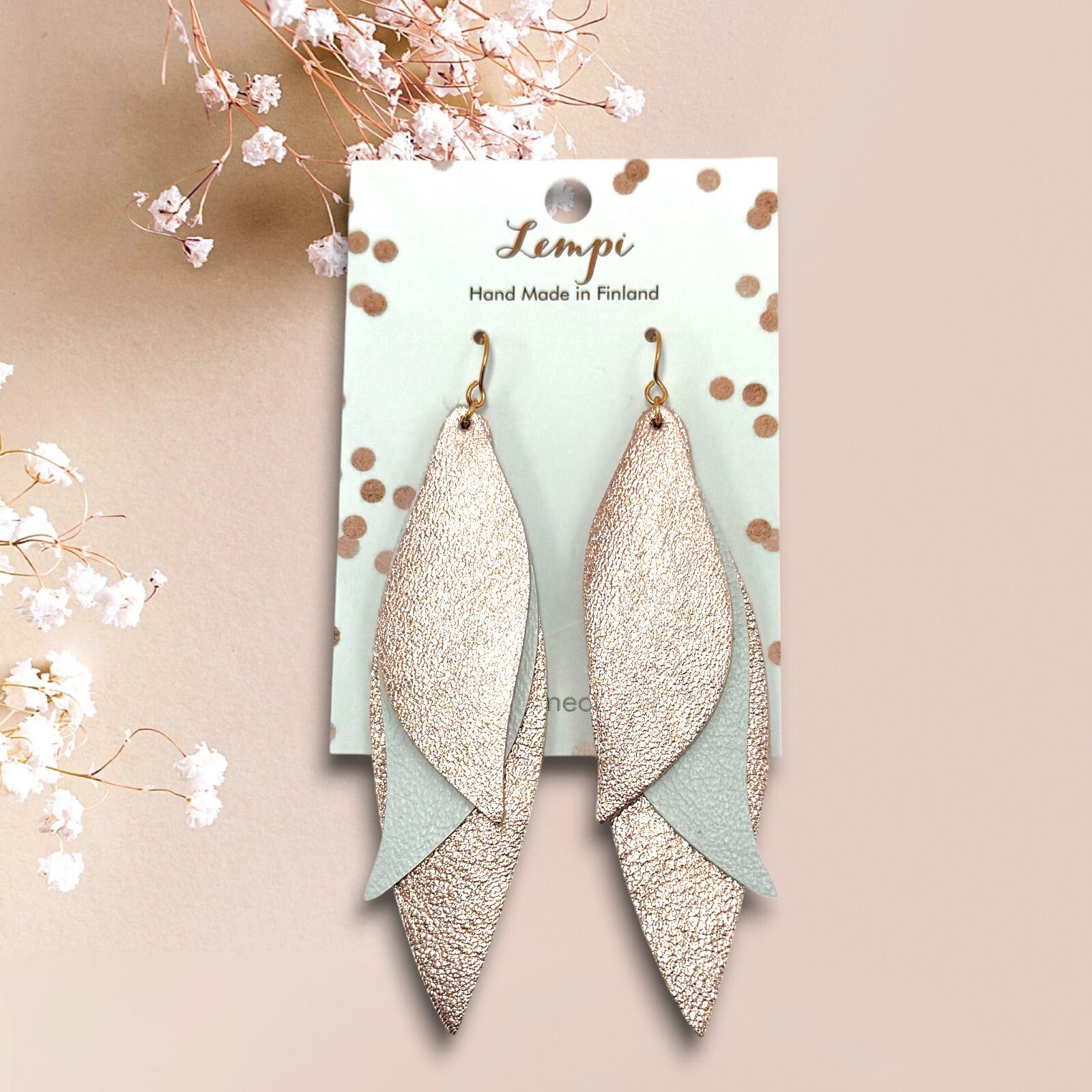 LEMPI earrings, Wings (matte silver - silver, leather)