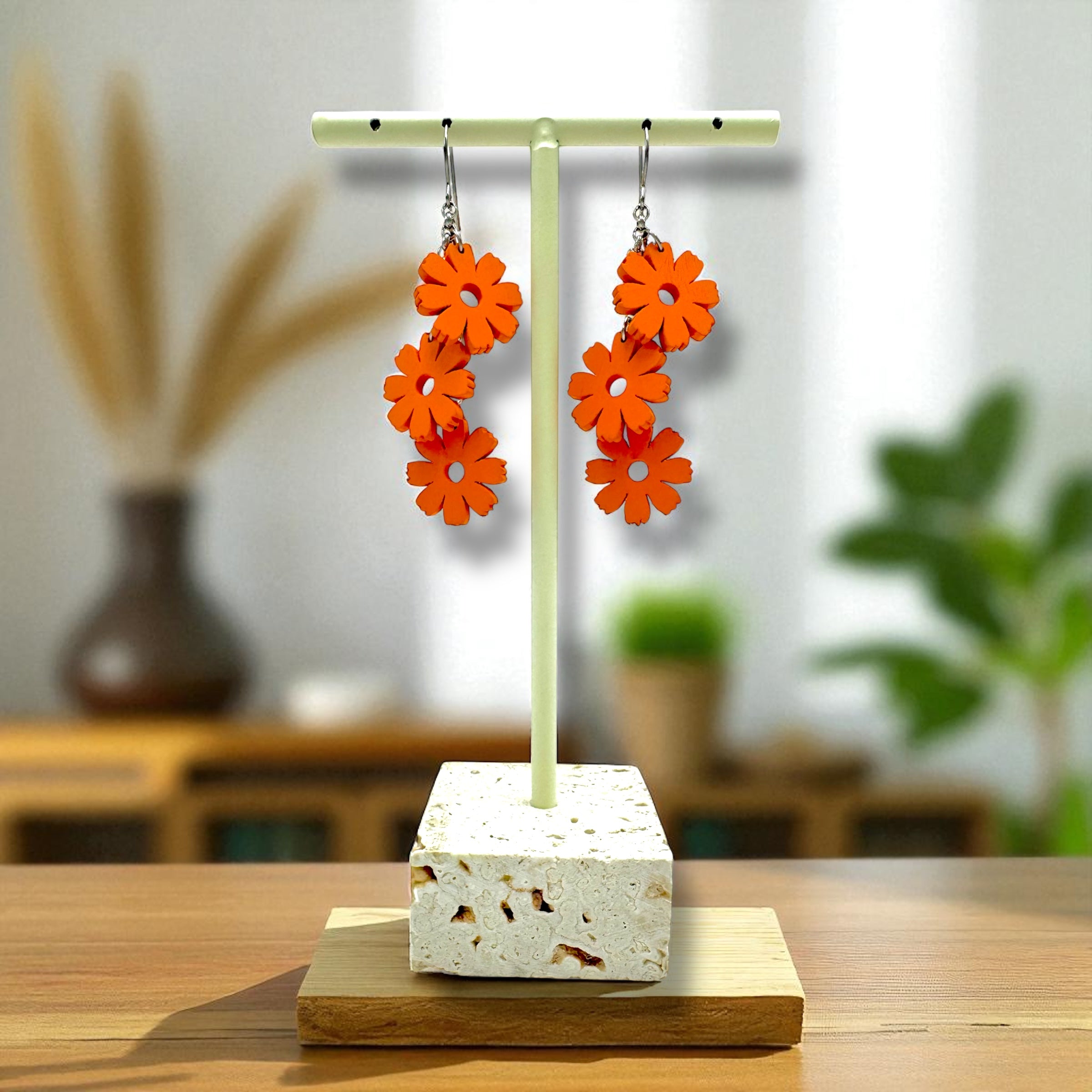 Wooden earrings, Heart (red lace-decorated wooden earrings)