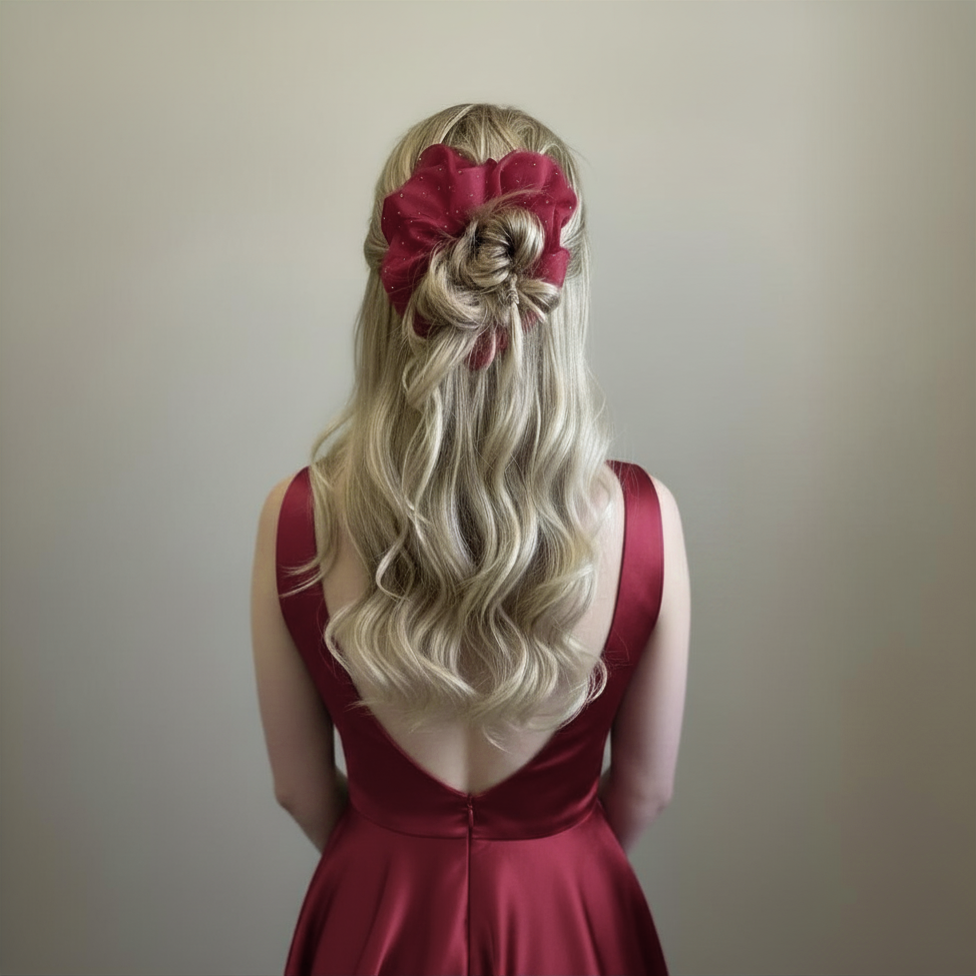 iso punainen scrunchie hopeakoristeilla hiuksissa