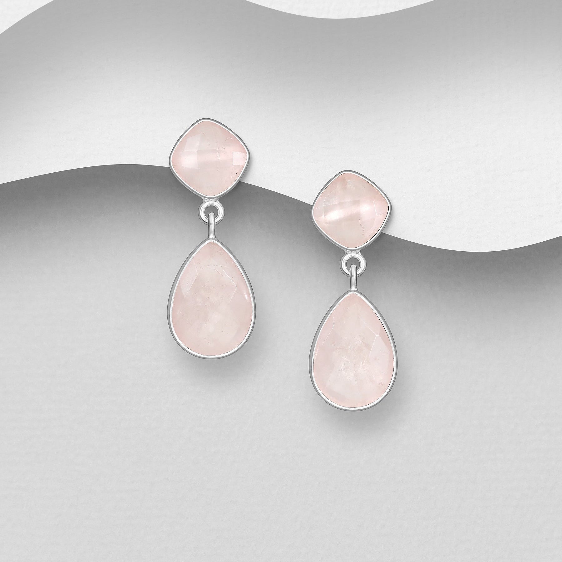 Ruusukvartsi-hopeakorvakorut, pisara ja pyöreä luonnonkivi