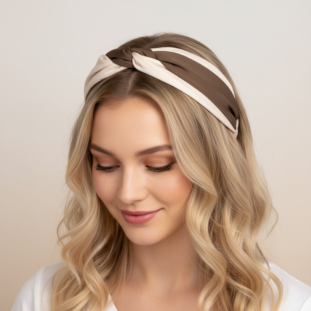 Ruskea kerma satiinipintainen COMFY hiuspanta twist-yksityiskohdalla