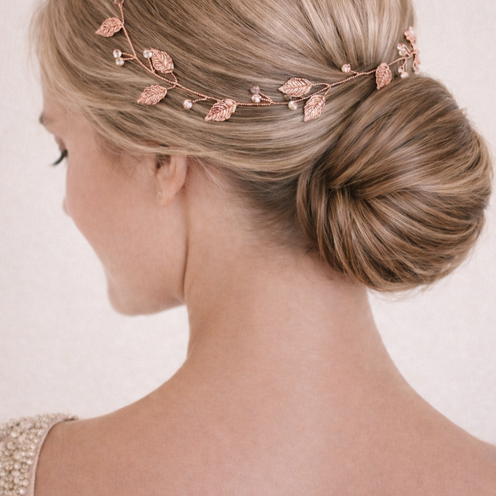 Ruusukullan sävyinen lehtiköynnös hiuskoriste juhlakampaukseen.