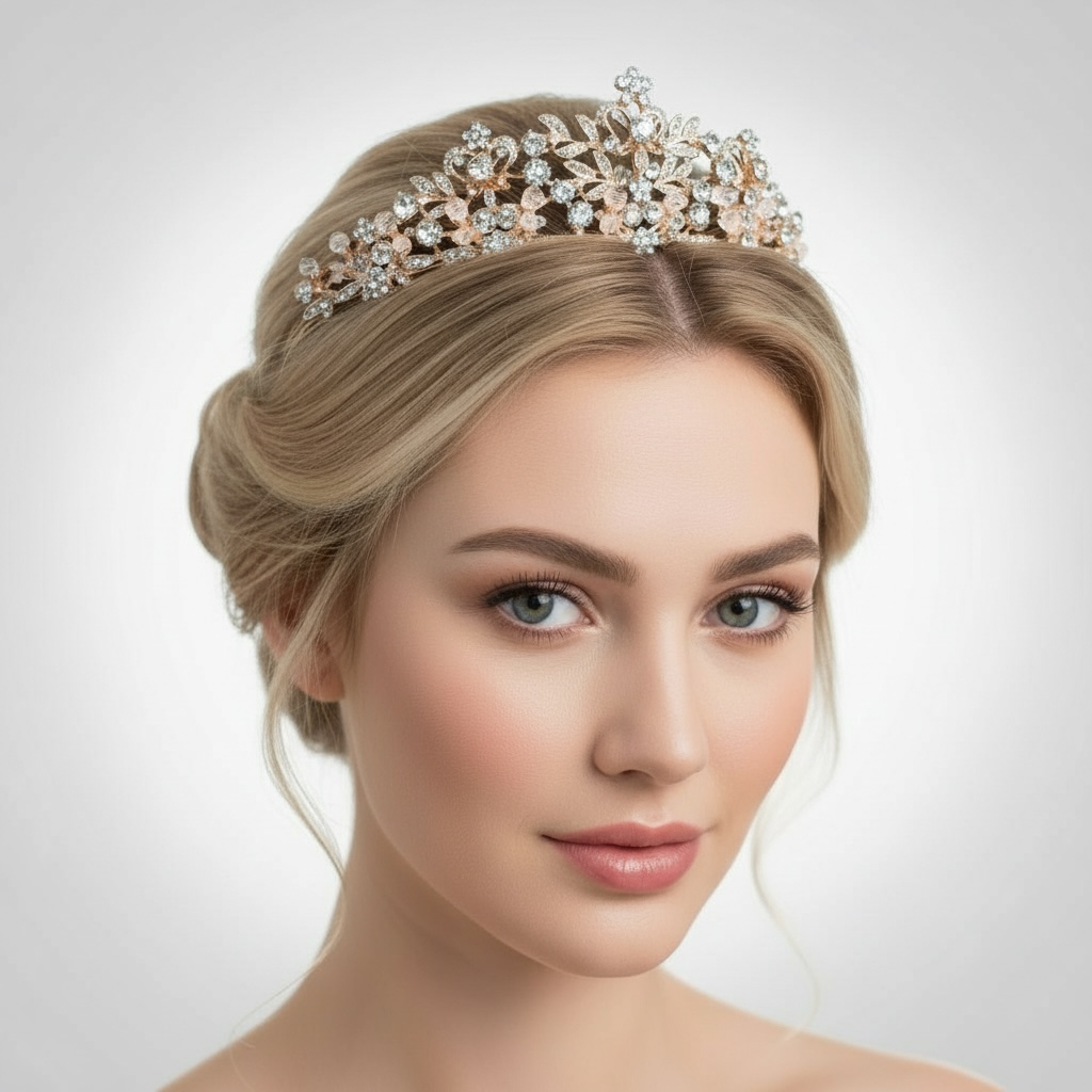 Ruusukultainen ROMANCE Rosalie -tiara kampauksessa – näyttävä tiara kirkkailla kivillä.