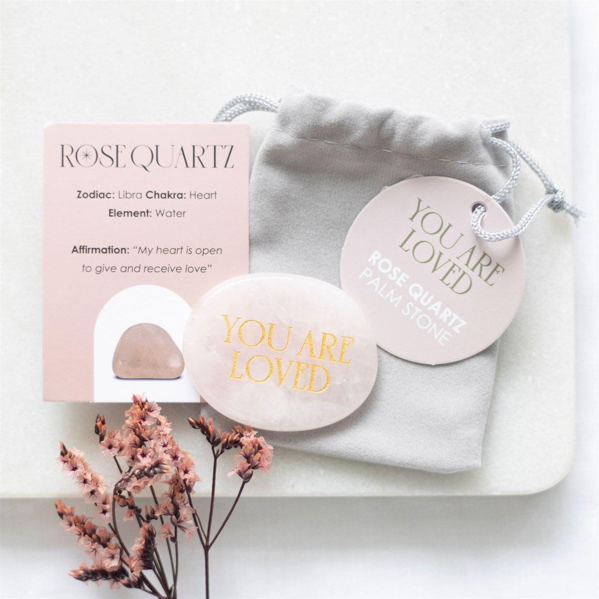 You Are Loved Rose Quartz -ruusukvartsi kämmenkivi "olet rakastettu"
