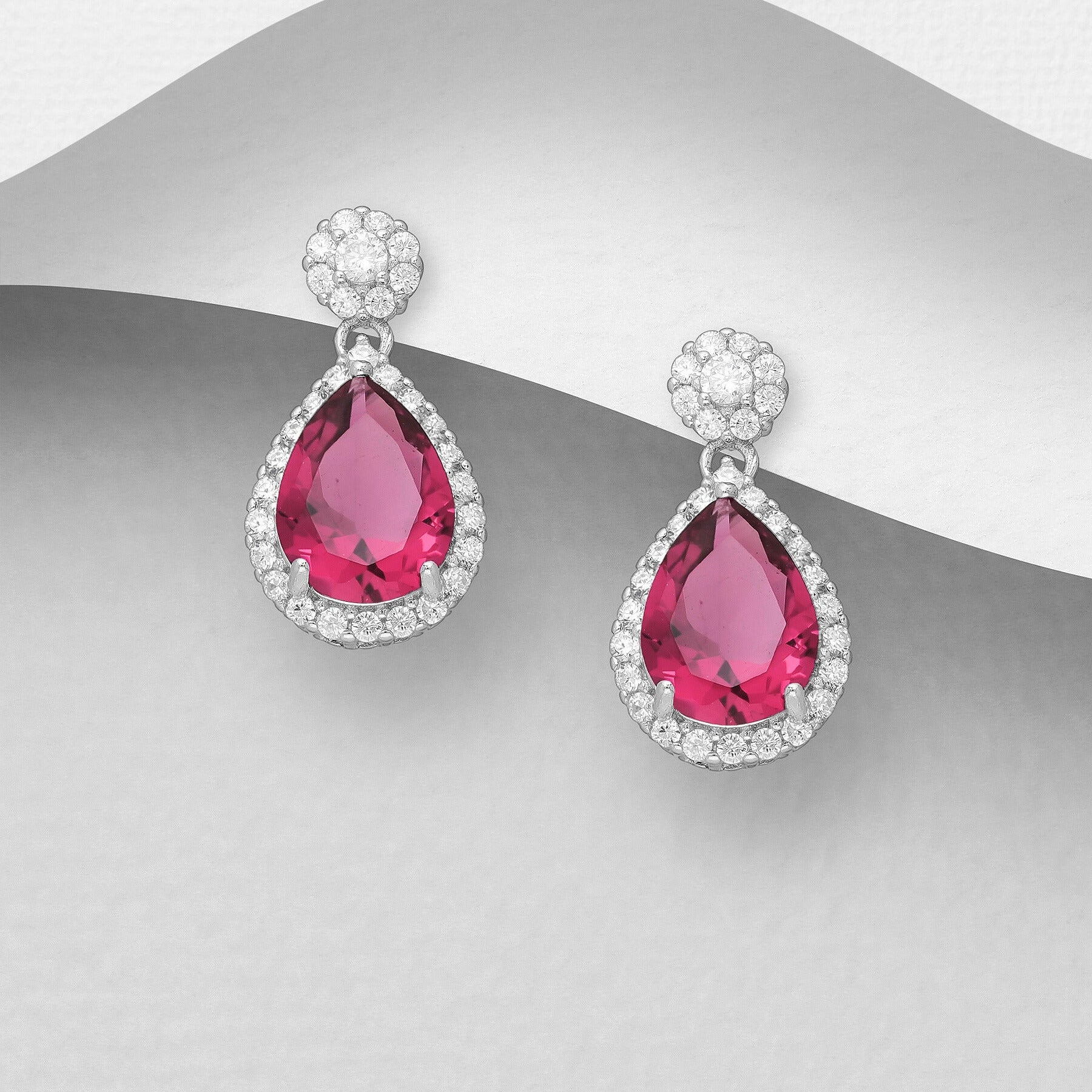 Elise-hopeakorvakorut ruusunpunaisella pisarakristallilla ja halo-kehyksellä, Sterling Hopea 925