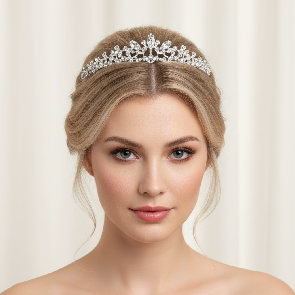 ROMANCE Vivienne hopeanvärinen tiara kirkkailla kivillä ja cubic zirconioilla – elegantti juhlakoru