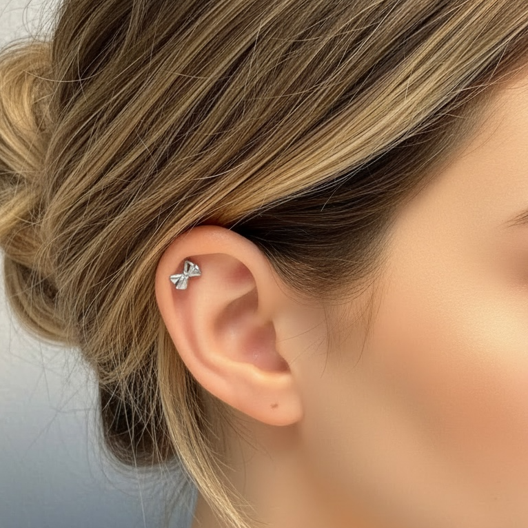 Bow rusettilabret lähikuvassa, hopeinen rustokoru helixiin.