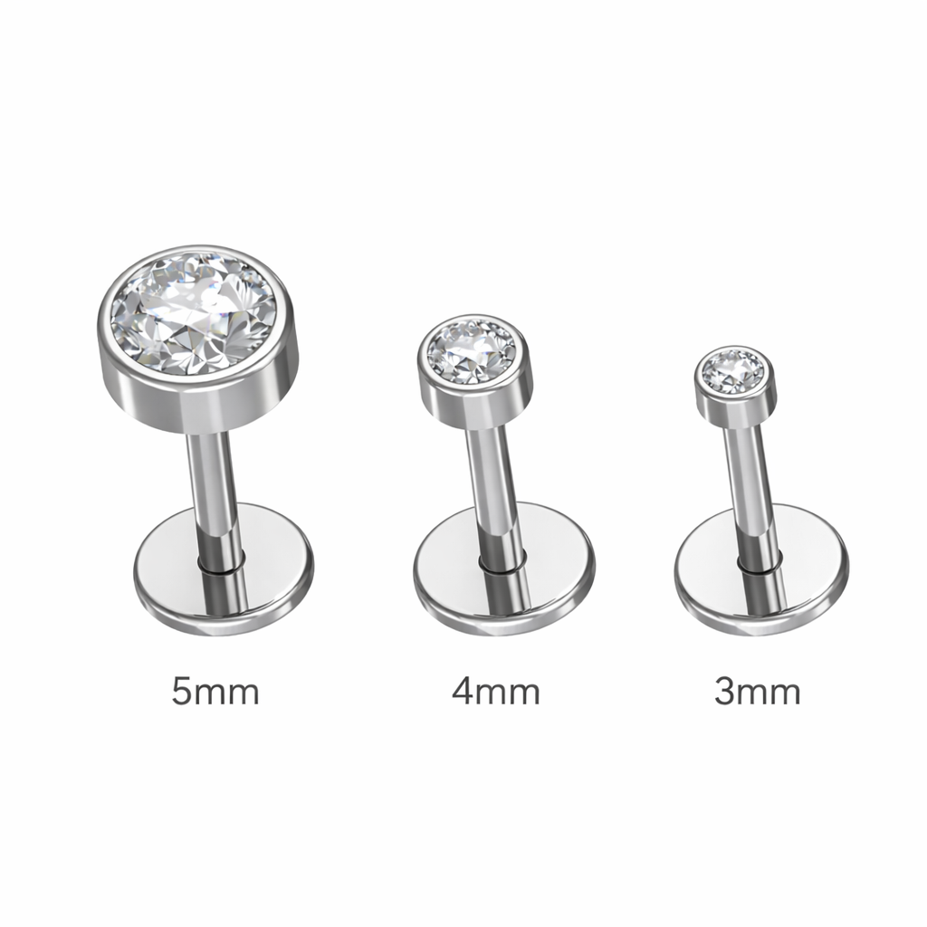 Titaanilabret 1,2mm – Bold Spark – kirkas kristalli (hopeanvärinen, push-in)