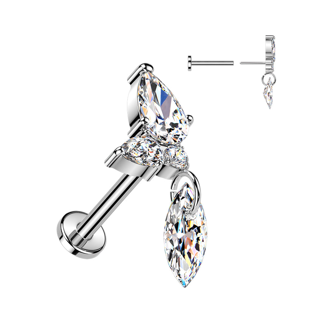 Labret 1mm, Titanium Marquise Lily – crystal flower (silver, push in)