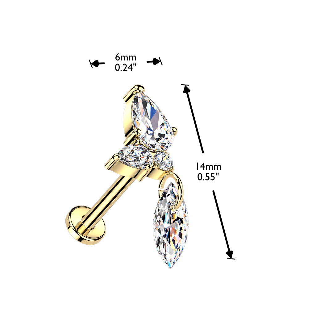 Calista-labretin mitat: 1,2 × 8 mm varsi ja noin 14 × 6 mm kristallikoriste