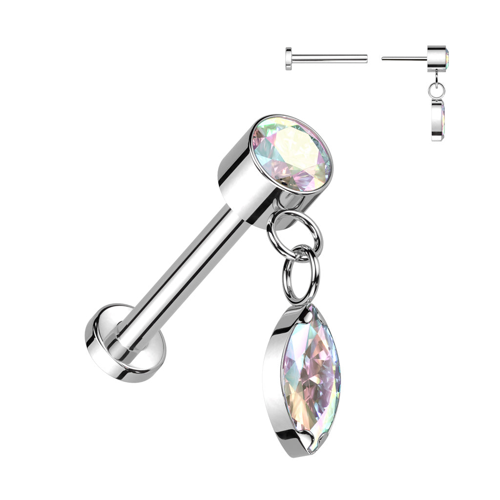 Titaaninen labret 1mm, Push in Labret -roikkuva koriste , AB kristalli