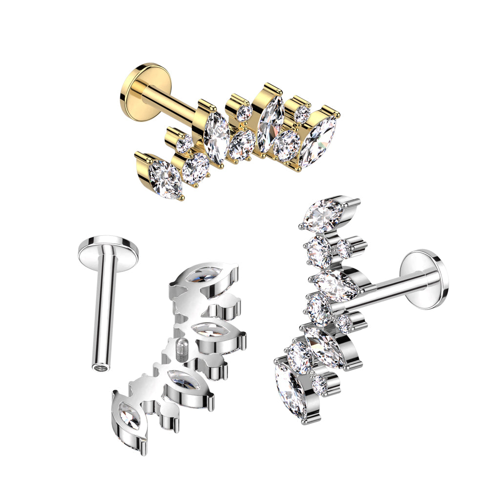 Crystal Crown Arc titaanilabret kulta sisäkierteellä ja näyttävällä kristallikoristeella, molemmat värit.