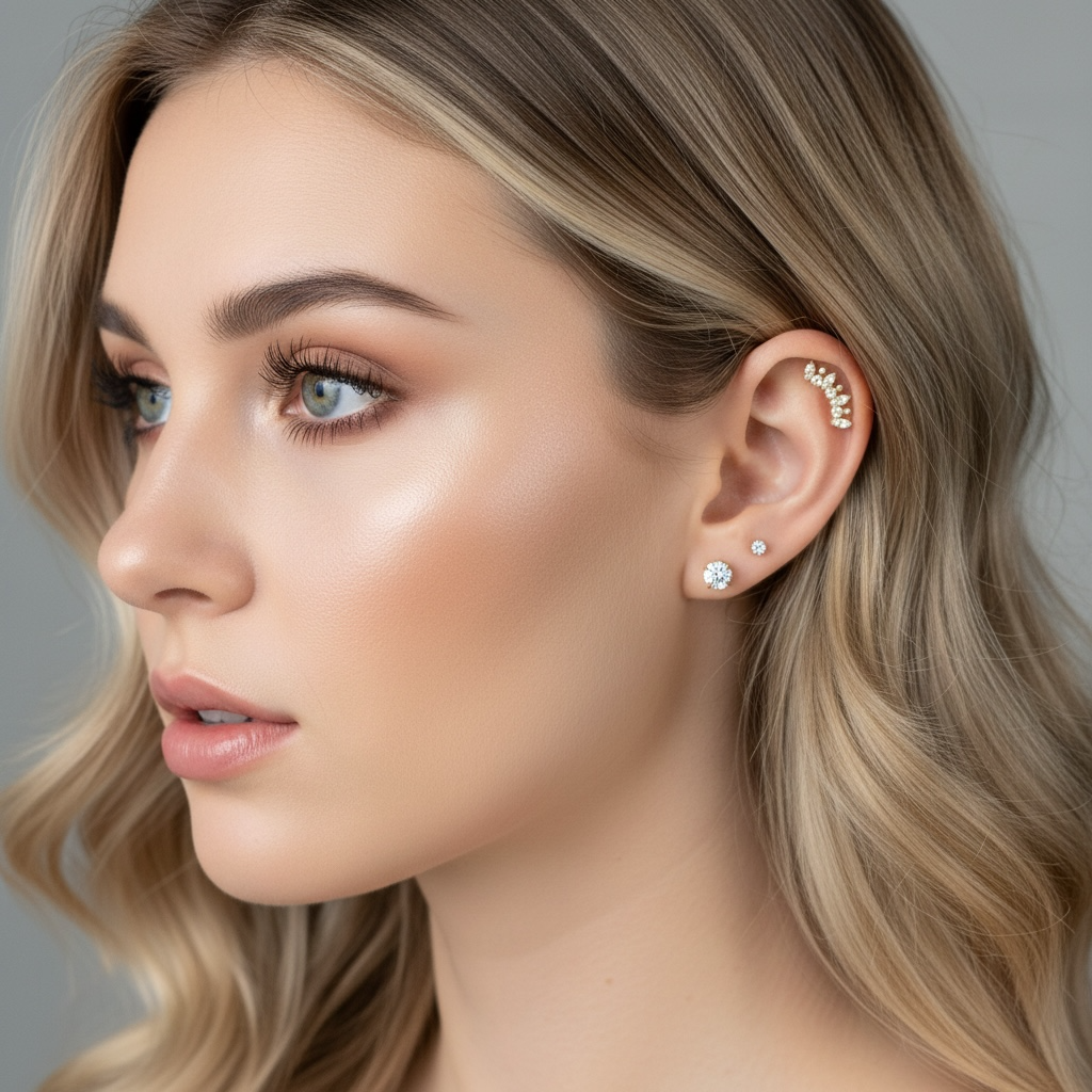 Kaareva kultainen rustokoru kirkkailla kivillä, implanttitason titaani, mallikuva.