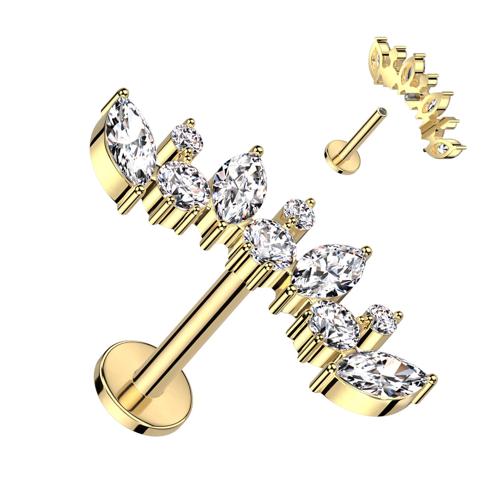 Kullanvärinen titaanilabret kaarevalla kristallirivillä, internally threaded -kiinnitys