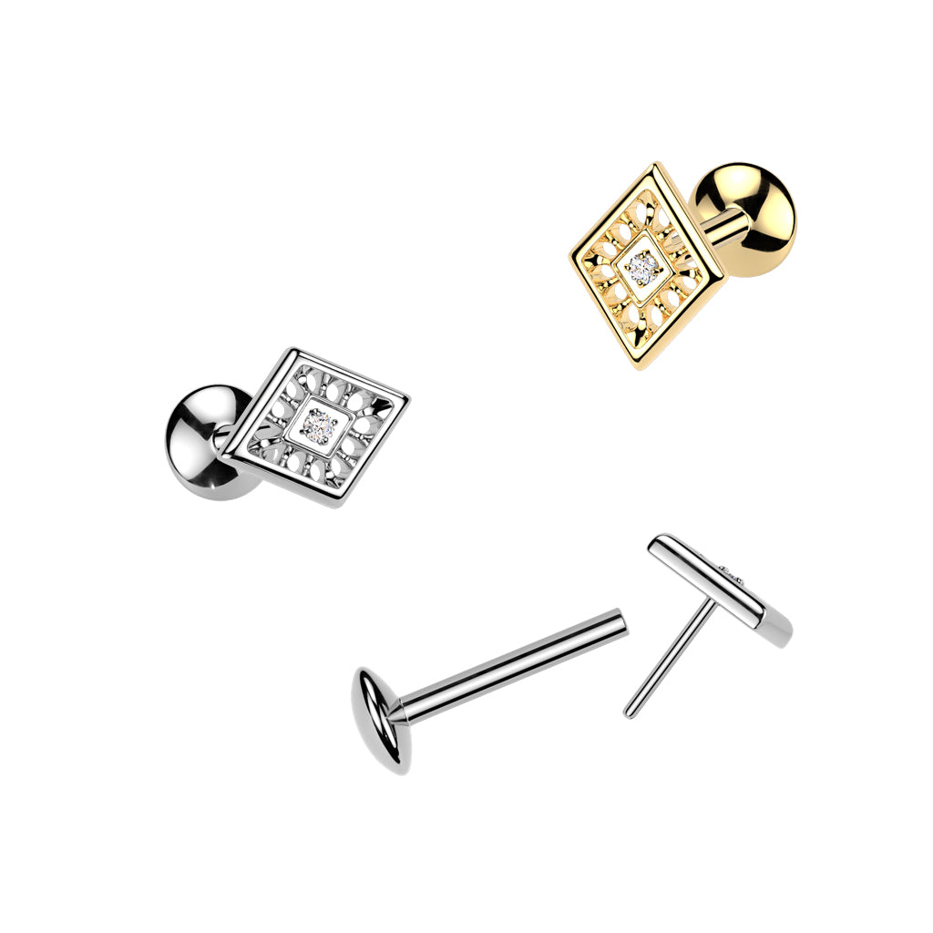 Aurina rustokoru tragukseen ja helixiin kullanvärisenä push in -mallina, kuvassa hopea- sekä kultaversio.