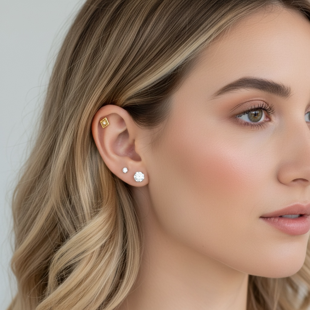 Titaanilabret kulta PVD 8mm varrella ja neliömäisellä kristallikoristeella mallin korvassa.