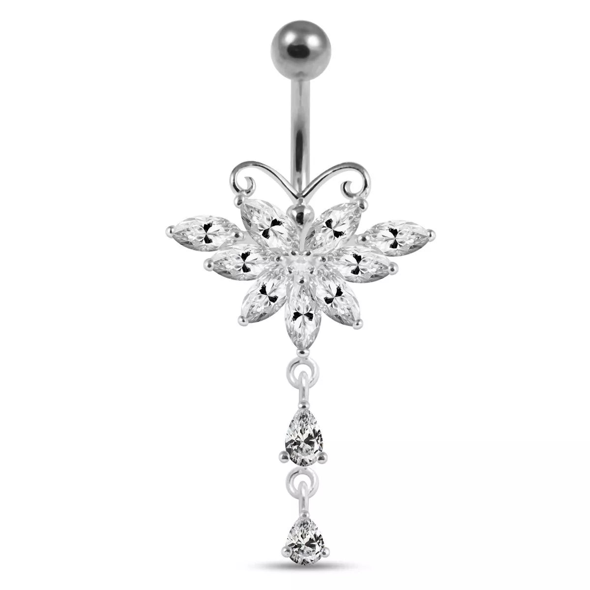 Titanium Belly Button Ring|Stunning Cubic Zirconia Butterfly