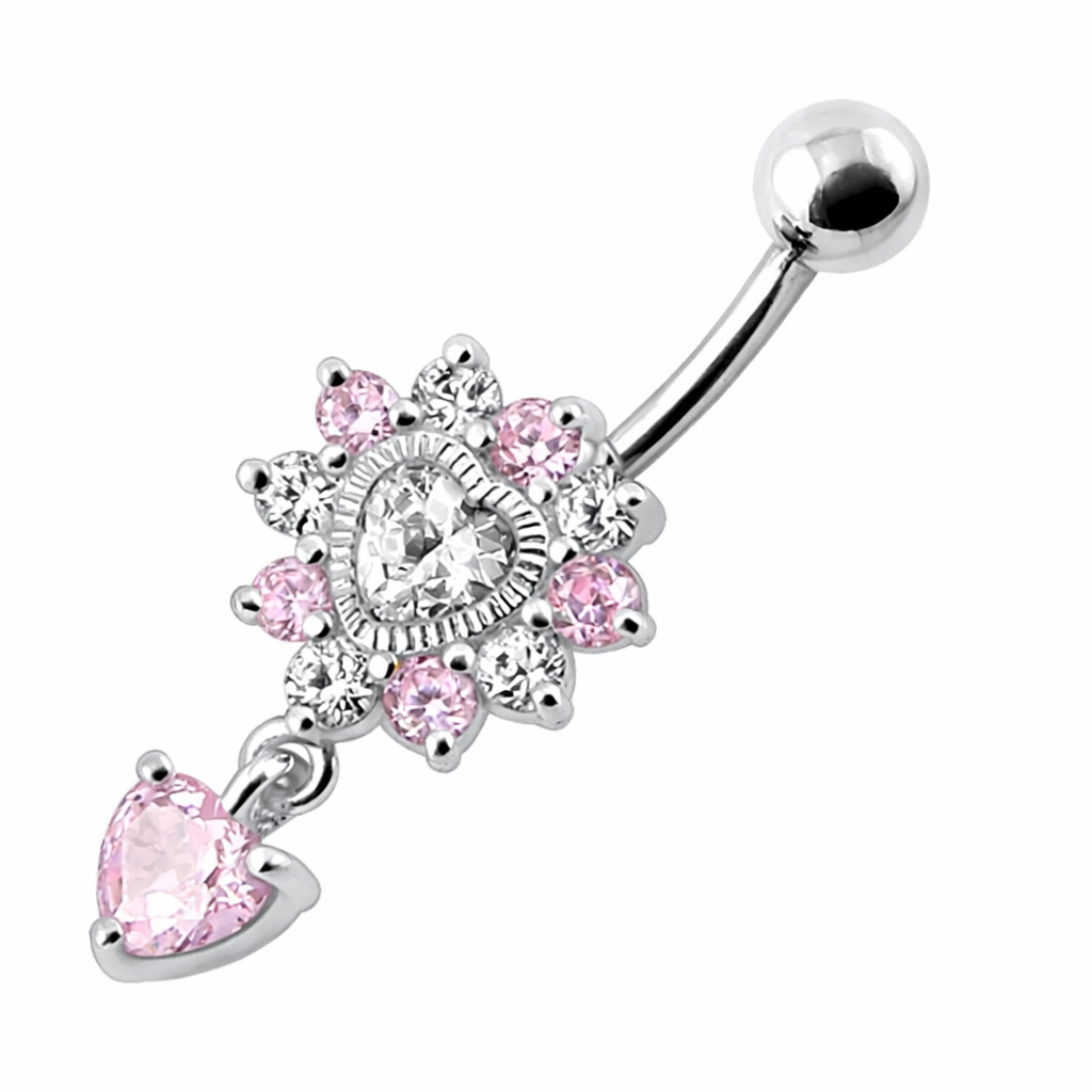 Titanium navel ring, Loving You pink dangling heart navel ring