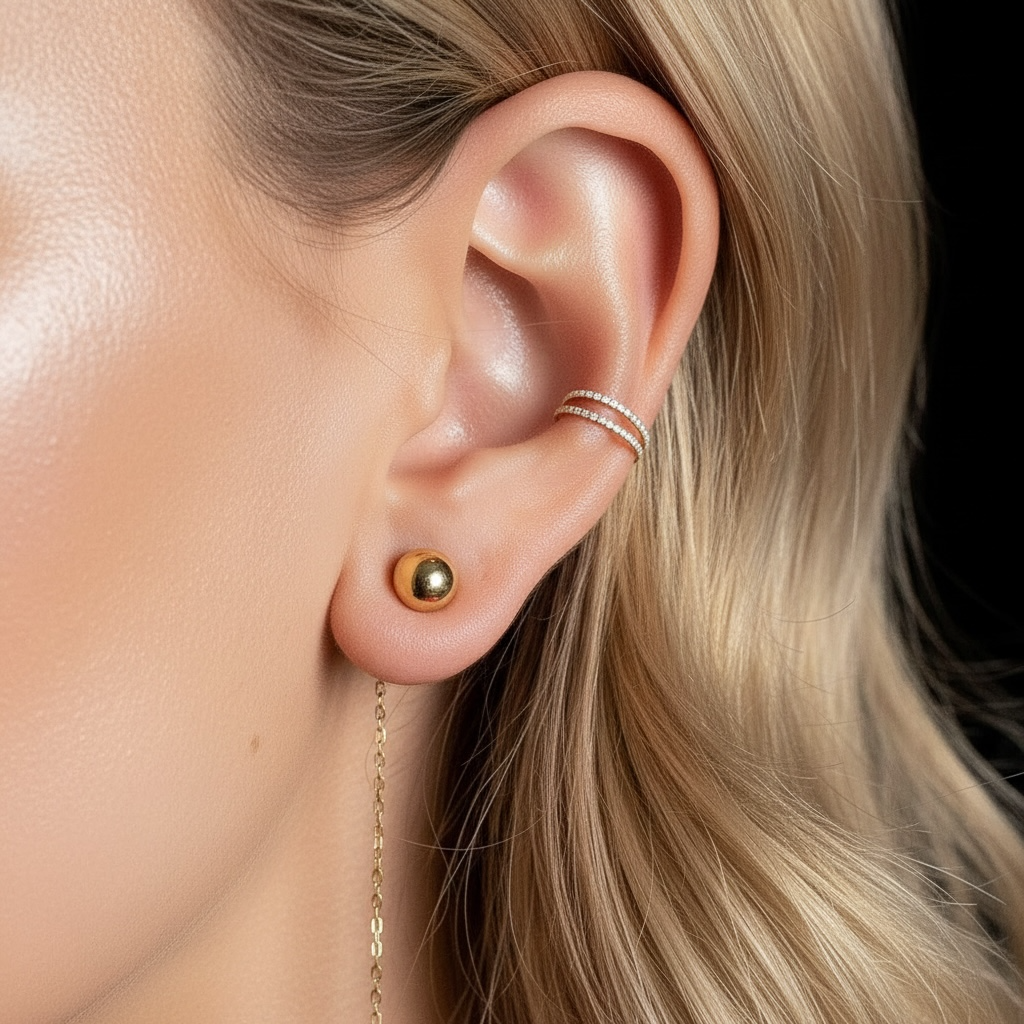 Piercing Ring, Titanium Double CZ Line in Gold Double Row Ring