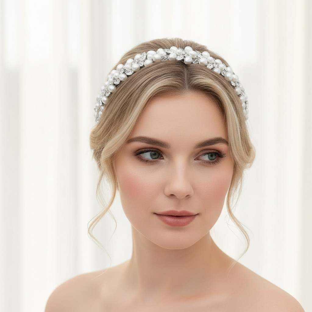 ROMANCE | Marielle – hopeanvärinen helmi- ja kristallikoristeinen juhlapanta