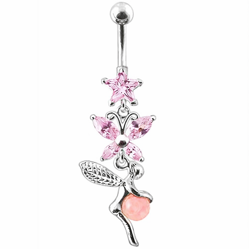 Fairy Belle napakoru vaaleanpunaisilla kristalleilla valkoista taustaa vasten.