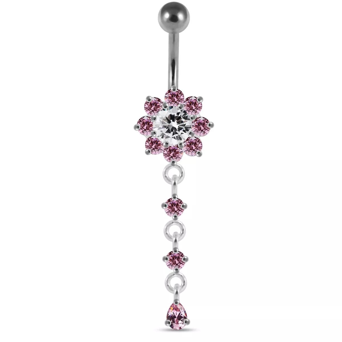 Vaaleanpunainen Blooming Light -titaaninapakoru kukkakoristeella ja roikkuvilla zirkonioilla