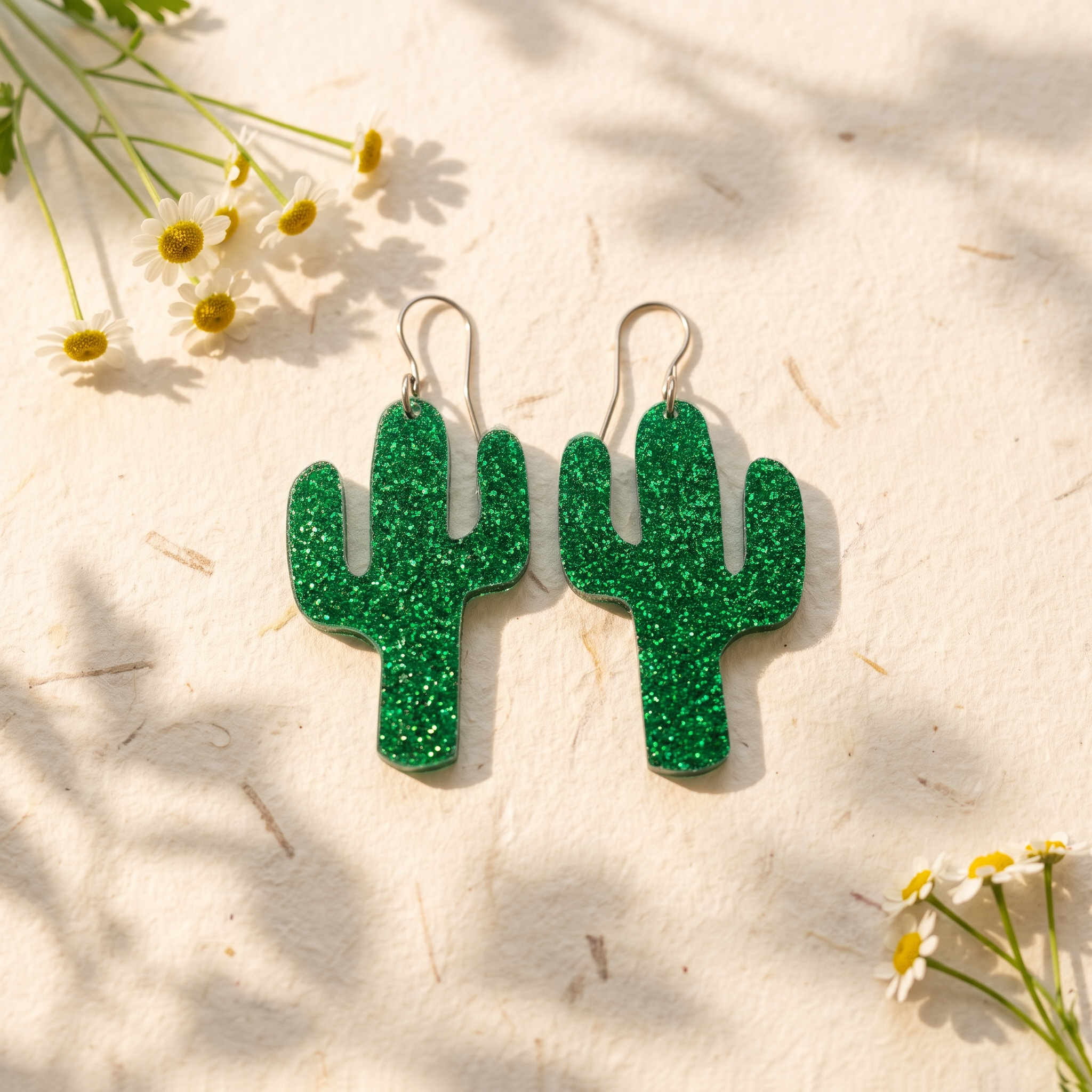 Kimaltavat vihreät Cactus Crush -akryylikorvakorut vaalealla taustalla