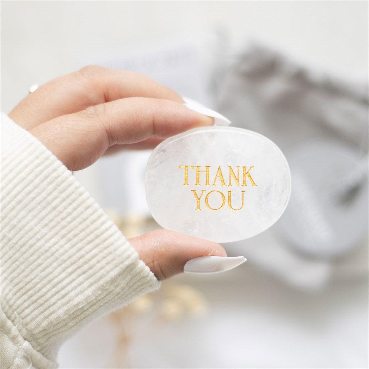 Thank You Clear Quartz -vuorikristalli kämmenkivi "kiitos"