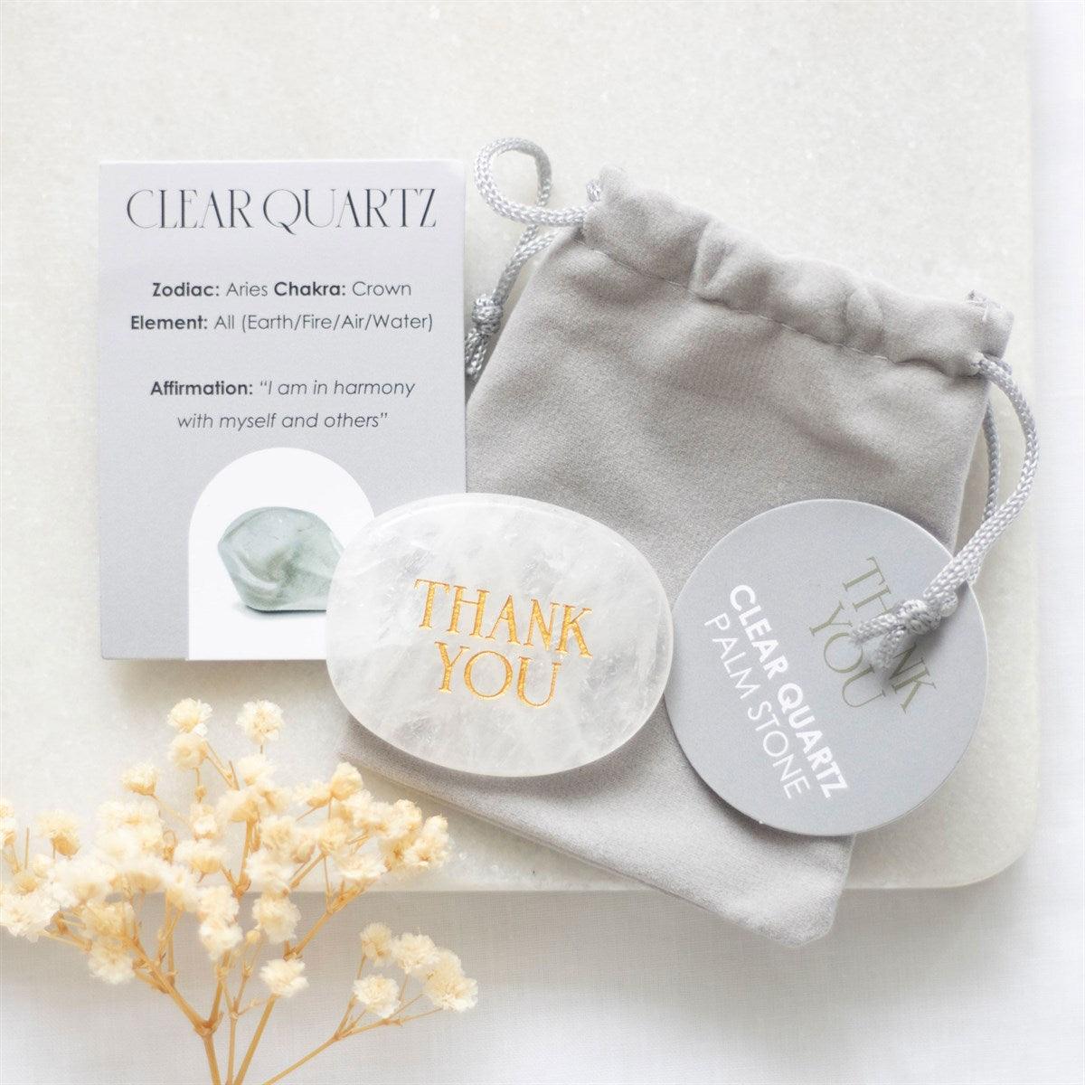 Thank You Clear Quartz -vuorikristalli kämmenkivi "kiitos"